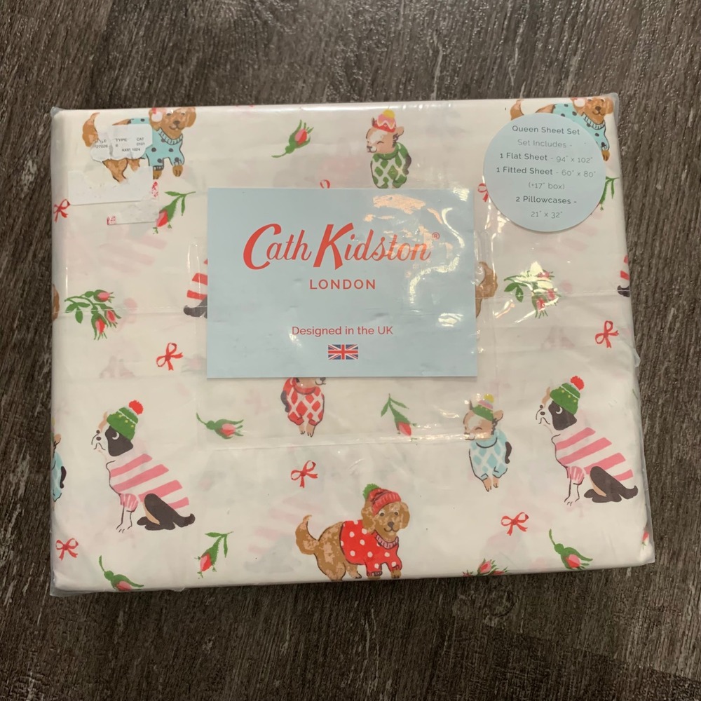 Cath Kidston London Queen Sheet Set Christmas Puppy Love Cotton Dog Roses NWT